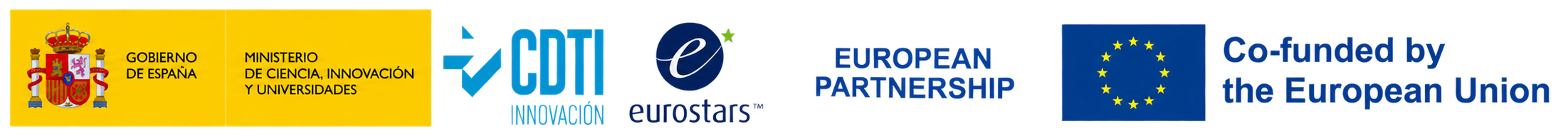 Logotipos del Gobierno de España, CDTI, Eurostars, European Partnership y la Unión Europea