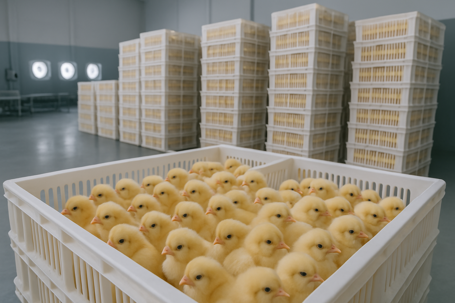 Pollitos en una sala de incubación